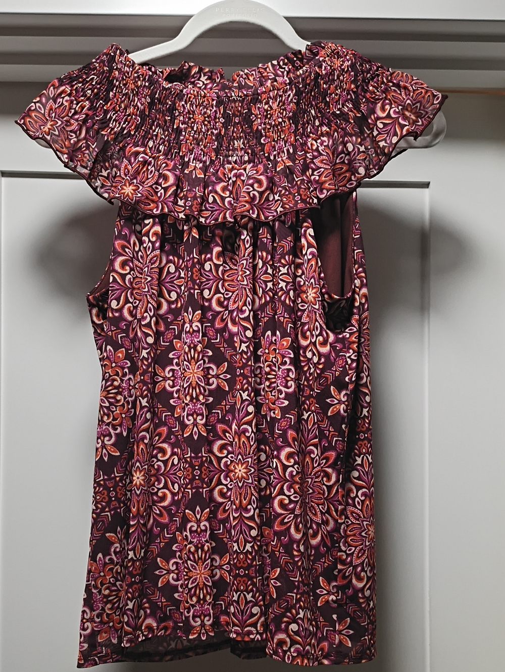 Smocked Off-Shoulder Burgundy Floral-Patterned Blouse